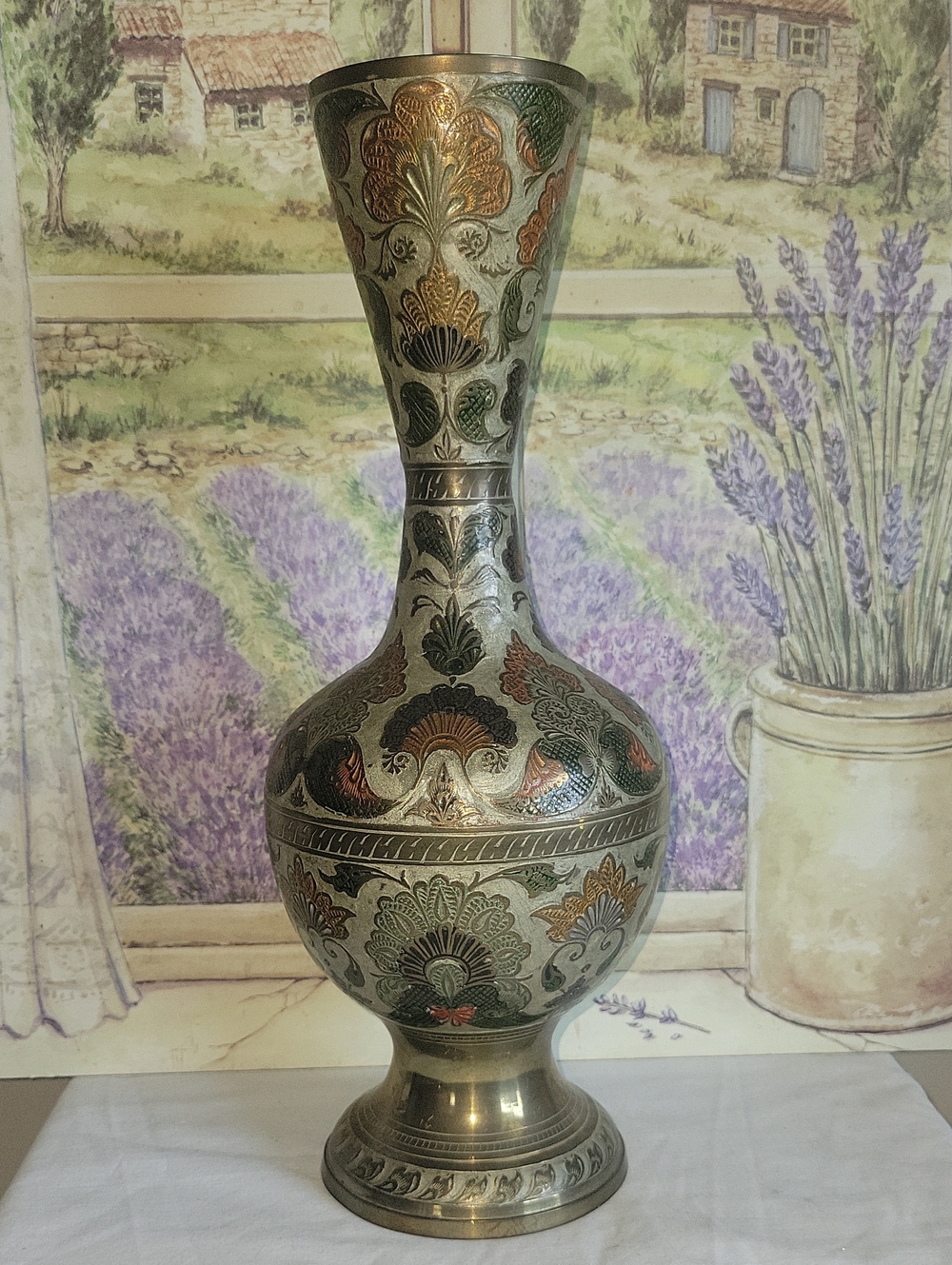 Vintage Penco Industries Brass Vase Enameled Etched Floral India Boho 1970s 14.5